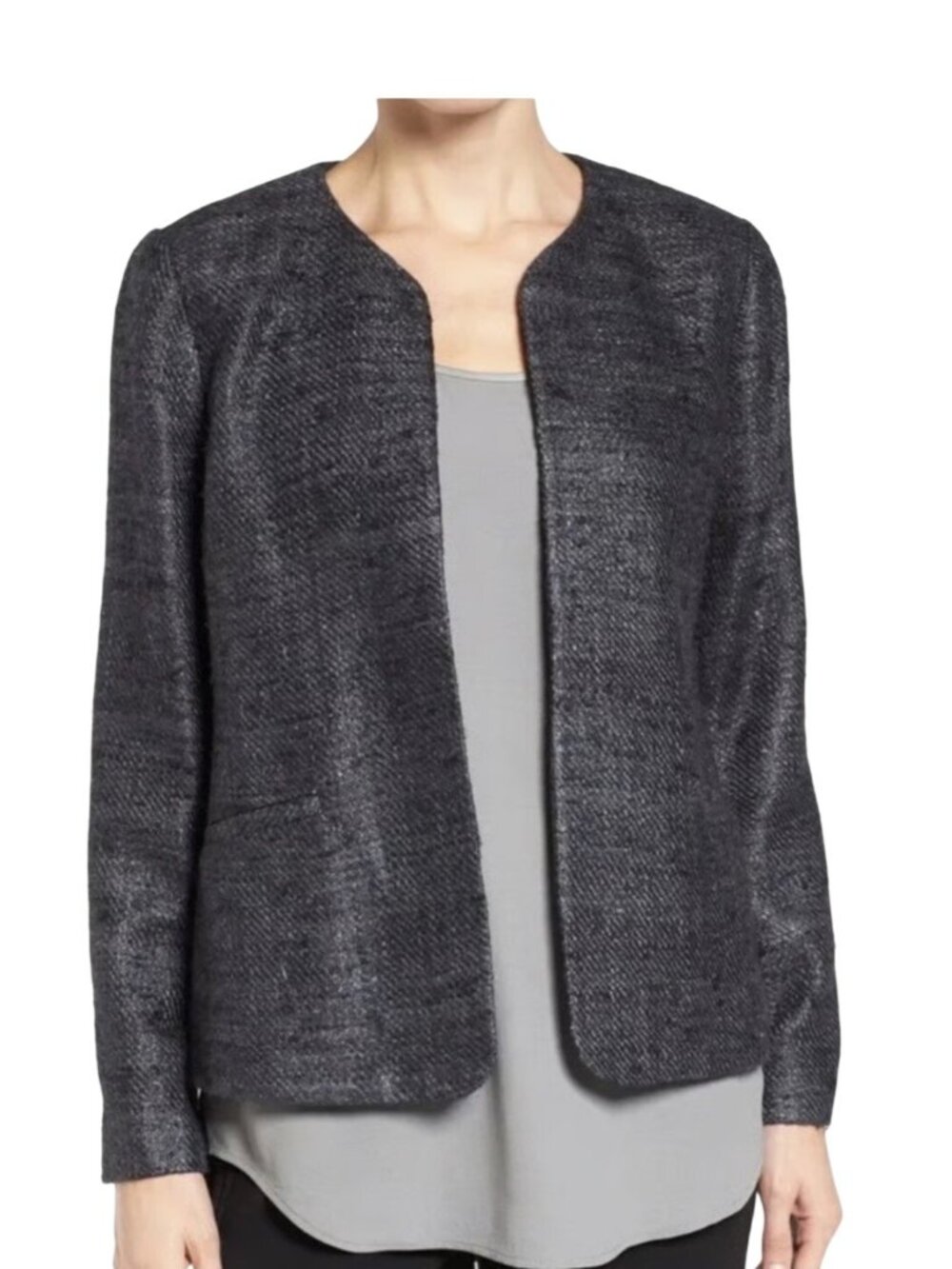 Eileen Fisher Handloomed Sparkle Silk Matka Open Front Jacket Gray Womens Size M